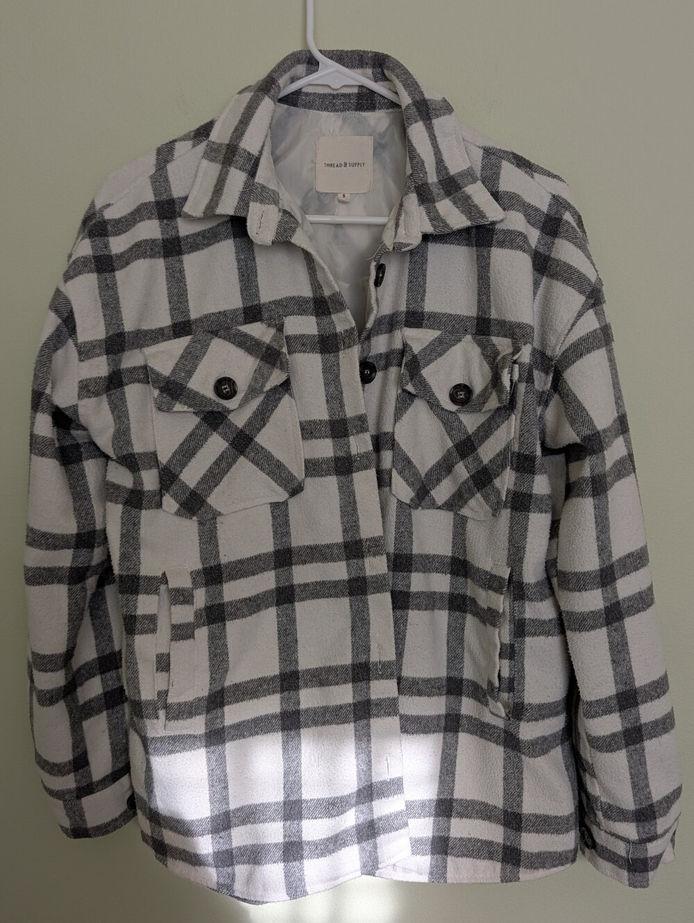 Thread & Supply Plaid Teddy Shacket Jacket Cream Gray Small Fall Cozy